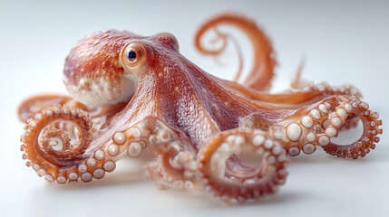 Fototapeta premium A close up of a light brown octopus with curled tentacles on a white surface in a studio setting