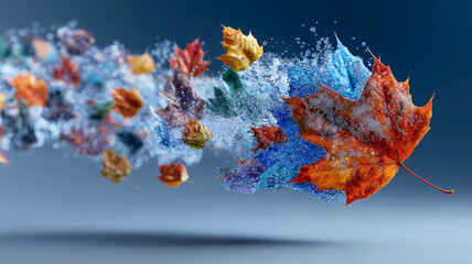 Vibrant array of maple leaves in soft pink, yellow, and violet hues appears to be frozen in motion against deep blue background, creating dynamic and colorful scene