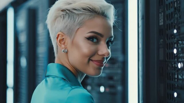 A confident woman with short blonde hair gazes at the viewer, seemingly in a futuristic server room. The scene is bathed in cool blue light, with a hint of a smile playing on her lips