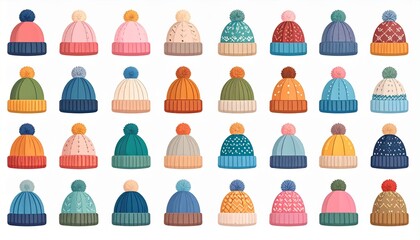 Kid beanie icons set. Large collection of colorful and diverse winter hats, featuring