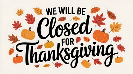 We will be closed for thanksgiving festive autumn holiday announcement with pumpkins and falling leaves