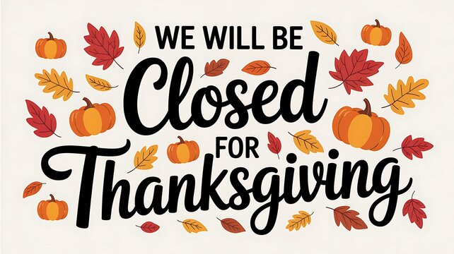 We will be closed for thanksgiving festive autumn leaves and pumpkins decorative typography sign