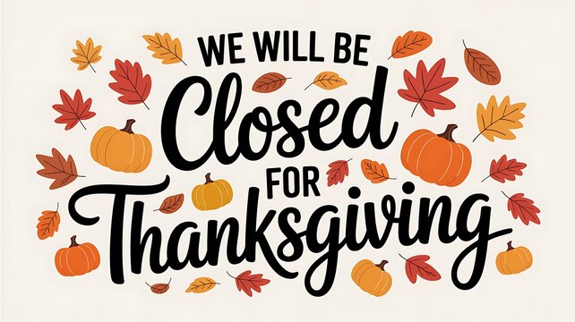 We will be closed for thanksgiving festive autumn holiday announcement with pumpkins and falling leaves
