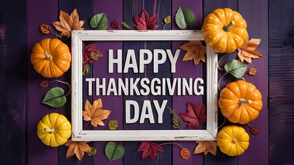 Top view of a rustic wooden table decorated with pumpkins and autumn leaves surrounding a white frame with happy thanksgiving day text