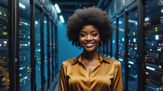 A smiling woman standing in a server room, a testament to tech's human face