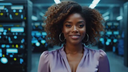 A beautiful woman confidently standing in a server room - Powered by Adobe