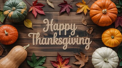 Rustic wooden table decorated with a variety of pumpkins gourds and autumn leaves with happy thanksgiving text