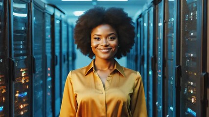 A confident female tech expert posing in a server room, bathed in a cool, technological glow - Powered by Adobe