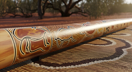 Mystical Aboriginal Didgeridoo Illuminated in the Australian Outback, Showcasing Traditional Indigenous Art and Resonating with Ancestral Spiritual Energy