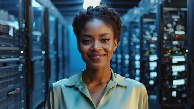 A woman in a data center smiling at the camera. The server racks are blurred in the background, showcasing the technological setting