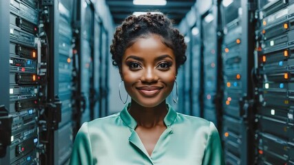 A confident woman standing inside a data center, surrounded by servers - Powered by Adobe