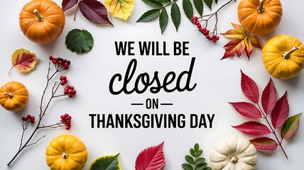 Thanksgiving day holiday announcement we will be closed sign surrounded by autumn leaves pumpkins and berries