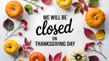 Thanksgiving day holiday closure announcement surrounded by autumn pumpkins gourds and fall leaves on white background