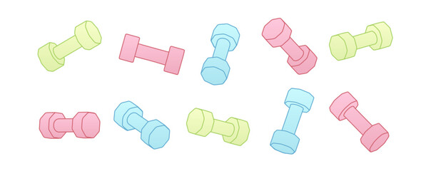 Colorful pastel dumbbell pattern illustration. Vector flat design of dumbbell icons for fitness, sport, health, and workout themes. Decorative dumbbell background in cartoon minimalism style