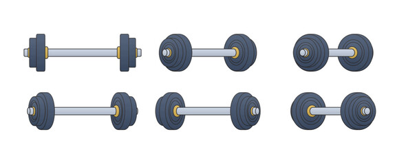 Vector illustration of gym dumbbell set with metallic plates and steel handles. Dumbbell icons for fitness, bodybuilding, and workout design. Dumbbell equipment for sport and training