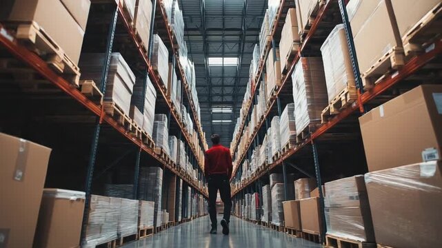 Warehouse employee walking through a large storage facility aisle with shelves full of boxes.