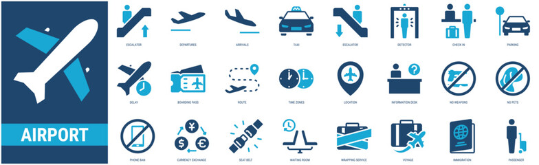 Airport icon set containing flight, escalator, departures, arrivals, taxi, escalator, detector, check in, parking, delay, boarding pass icons.  Glyph duo tone style icon collection.