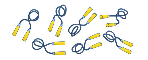 Vector illustration of jump rope set with yellow handles and blue cord. Jump rope icons for fitness, cardio, gym, and workout design. Simple jump rope equipment for training and sport activities