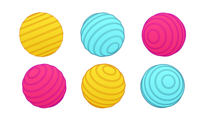 Fitball, exercise ball, gym ball illustration in bright vector style. Colorful fitball spheres for fitness, yoga, pilates, and workout design. Inflatable fitball icon for sport, balance