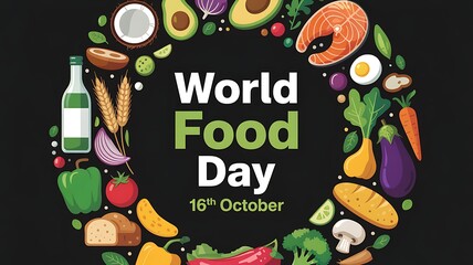 Vibrant circle of fresh healthy food ingredients and produce celebrating world food day on october 16th