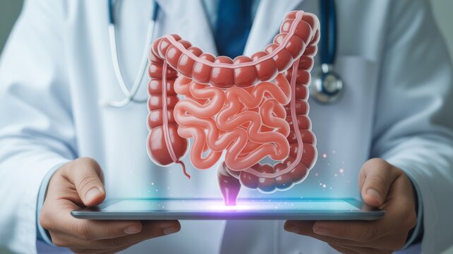 Female doctor in her office holding an X-ray and using her laptop to type, focusing on medicine and technology.