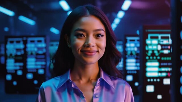 A portrait of an Asian woman, smiling and looking directly at the camera, with a vibrant background featuring glowing neon lights. The image conveys a sense of confidence and approachability