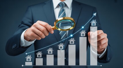 Businessman in a dark suit and tie holding a gold-rimmed magnifying glass over a glowing, stylized bar graph that is showing a distinct upward trend. 