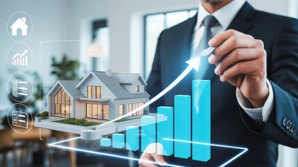 The display features a realistic 3D architectural model of a modern house superimposed over a rising blue bar chart with an upward arrow, symbolizing real estate market growth and investment success.
