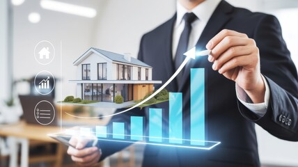 The display features a realistic 3D architectural model of a modern house superimposed over a rising blue bar chart with an upward arrow, symbolizing real estate market growth and investment success.