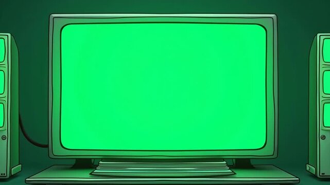 Retro computer with green screen and vintage speakers for technology presentations.