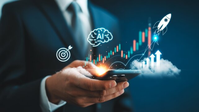 A dynamic, glowing, futuristic holographic display is emanating from the phone, showing a rising stock candlestick chart and large upward arrows emerging from a cloud.