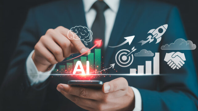 A glowing, conceptual holographic display projects upwards from the phone, featuring 'AI' over a rising green bar graph. 