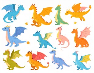 Magic dragons. Fantasy funny creatures, big flying fairy animals, fire-breathing lege