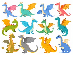 Magic dragons. Fantasy funny creatures, big flying fairy animals, fire-breathing lege