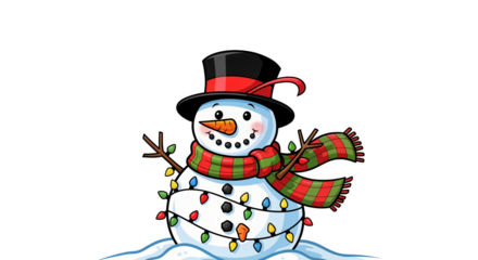 Cheerful snowman wrapped in a colorful scarf with lights, playful winter illustration for kids
