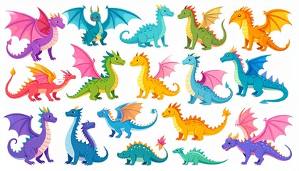 Magic dragons. Fantasy funny creatures, big flying fairy animals, fire-breathing lege