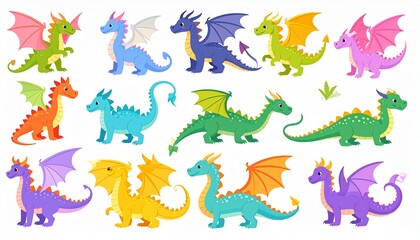 Obraz premium Magic dragons. Fantasy funny creatures, big flying fairy animals, fire-breathing lege