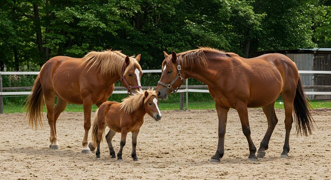 A family of three horses, a mix of sizes, standing together in an enclosed dirt area