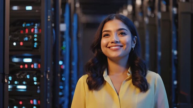 A smiling woman standing proudly in a server room, surrounded by technology. She projects confidence and expertise.