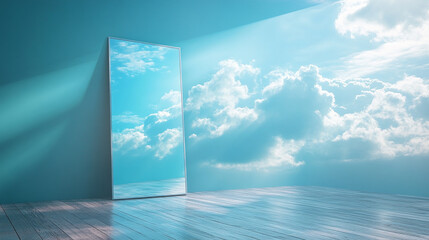 A mirror stands in an empty space, reflecting a vast, open sky instead of the room. Clouds drift across its surface, blending reality and imagination in a hyperrealistic, surreal composition.