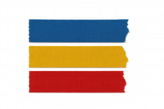 Fabric tape strips in primary colors blue, yellow, and red on transparent background providing space for text