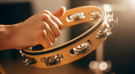 Playing Tambourine Rhythmic Hand Percussion Instrument in Action