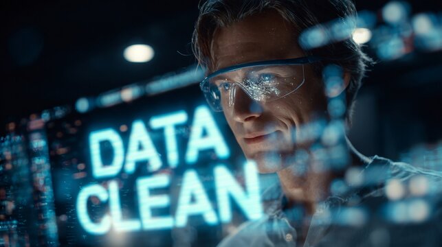 A focused Caucasian male data analyst wearing glasses, working on data cleaning with futuristic digital elements in the background. - Powered by Adobe