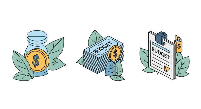 Budget planning concept illustration of money, coin, budget document, jar, and leaf financial management and accounting