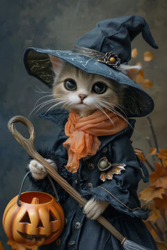 Cuddly Catboy Witch on Charcoal‑Navy: Orange Scarf Pop, Plush Brush, and Pumpkin Pail &mdash; Halloween