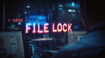 A person viewing a digital screen displaying 'FILE LOCK,' highlighting cybersecurity themes.