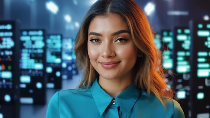 A portrait of a confident young woman smiling in a modern technology environment - Powered by Adobe