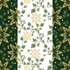 Yellow and orange flowers and green leaves pattern on white and green background, seamless pattern.
