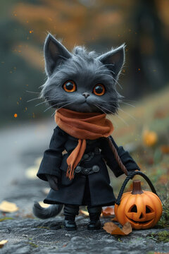 Cuddly Halloween Catboy Witch: Orange Scarf, Pumpkin Pail, and Crook on Charcoal‑Navy
