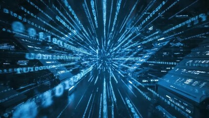 Blue binary code streams converging towards a central point in a digital space landscape - Powered by Adobe